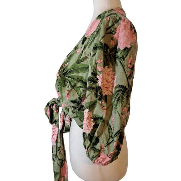 Aguabendita Women's Puffed Sleeves Green Pink Crop Tie Top Linen Blend 1X - Picture 6 of 11